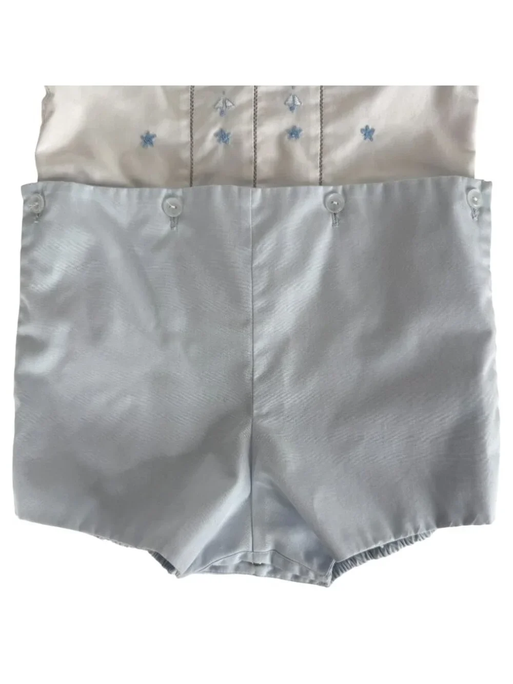 VTG Nannette Baby Boy Outfit White Blue Embroidered Romper Short Shirt Button 6M